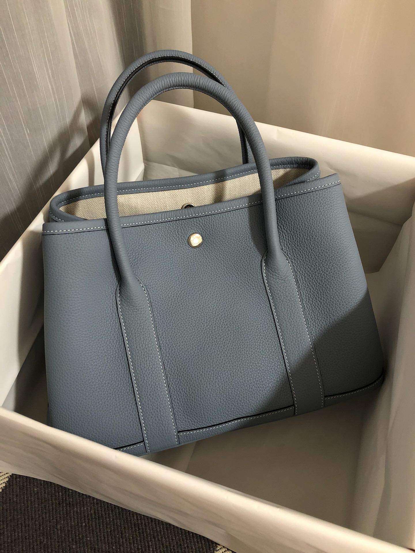 Hermes Garden Party 30cm Tote Handbag In Blue Lin Clemence Leather